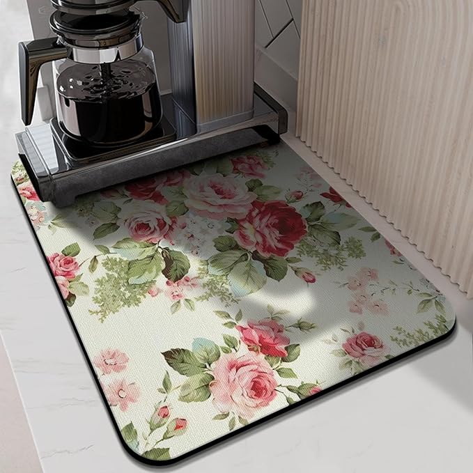 Rubber Dish Drying Mat for Kitchen Counter Large Red Roses Floral Washable Quick Home Coffee Pad Fit Under Sink,Bar,Utensils or Stemware (24x18in)