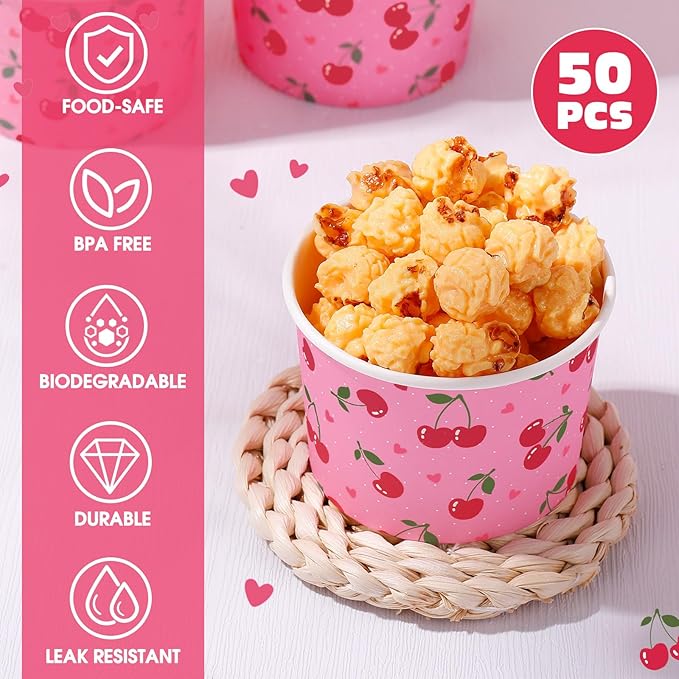 50 Pack Cherry Treat Snack Cups Red Cherry Heart Ice Cream Paper Cups 9 oz Fruit Disposable Dessert Bowls for Hot or Cold Food Summer Sweet First Birthday Baby Shower Party Supplies