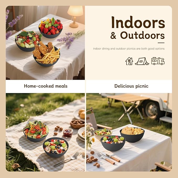 Wrova Black Cereal Bowls 40oz for Cereal Lover,Unbreakable Alternative Plastic Bowls Set of 6,Extra Thick Anti-Scald Bowl Sets suitable for Salad,Soup and Fruit.