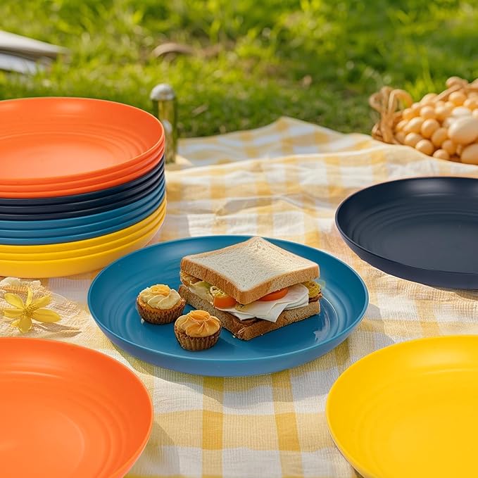 Supernal Wheat Straw Dinner Plates Reusable &Durable Plastic Plates Plastic Dinnerware 16-Pack (4 Orange, 4 Yellow, 4 Blue, 4 Dark Blue), Perfect for Dinner,Party,Outdoor Use