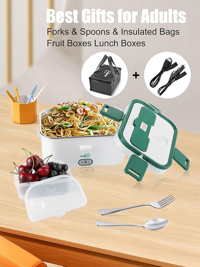 Buddew Electric Lunch Box for Adults, 80W Heated Lunch Box 1.8L Stainless Steel Portable Food Warmer,12/24/110V Lonchera Electrica Portatil for Travel & Work, Loncheras para Hombres de Trabajo(Green)