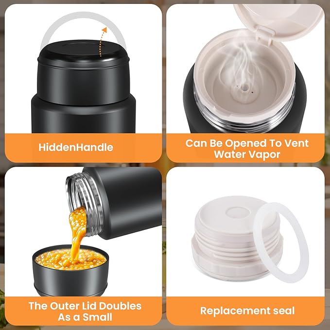 2 Pack Soup Thermo for Hot Food for Adults, Insulated Food Jar, Stainless Steel Vacuum Thermal Lunch Box Containers with Carry Bag and Spoon (18.5oz, 27oz) (Black)