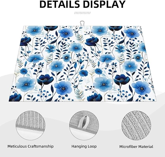 Blue White Floral Watercolor Dish Drying Mats, Absorbent Boho Blue Decorative Kitchen Counter Mat, Polyester, Absorption, Foldable, for Kitchen Dishes Utensils Small Appliances, Home Decor, 18" x 24"