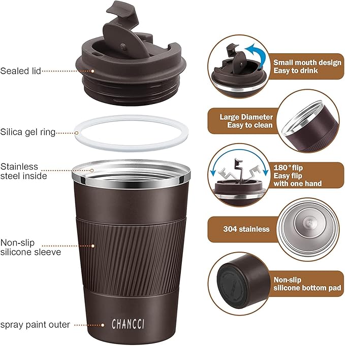 Travel Coffee Mug Spill Proof Leakproof 12 oz Insulated Coffee Mug with Screw Lid, Stainless Steel Vacuum Tumbler Reusable Thermal Coffee Cup to go for Hot and Cold Drinks -380ml, Brown