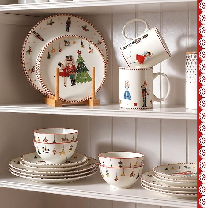 16 Pcs Nutcracker Christmas Dishes Dinnerware Set for 4 Guest Nutcracker Dinner Plates Ceramic Christmas Salad Plate Holiday Bowl Mug Serving Dishes Gift for Xmas Holiday Party Kitchen Decoration