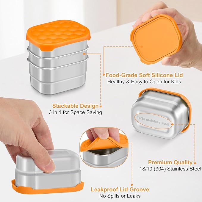 TeamFar 3 Pack 8oz Stainless Steel Snack Containers, Food Container with Silicone Lid Easy Open Leakproof, 8 oz Metal Toddler Kid Lunch Bento Box for Daycare Home Work Picnic, Orange