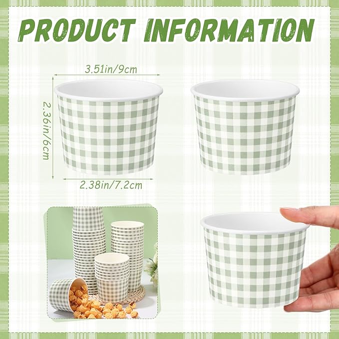 50 Pack Green Gingham Ice Cream Cups 9 oz Green and White Checkered Disposable Dessert Bowls Paper Soup Bowls Plaid Snack Cups for Hot or Cold Food for Baby Shower Wedding Birthday Supplies