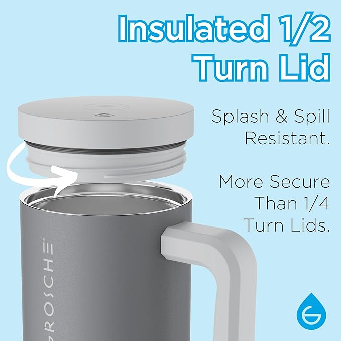 GROSCHE ASPEN 40 oz tumbler with handle and straw. Extreme insulation, classy design, built to last insulated stainless steel tumbler with handle, lid and straw - Steel Grey