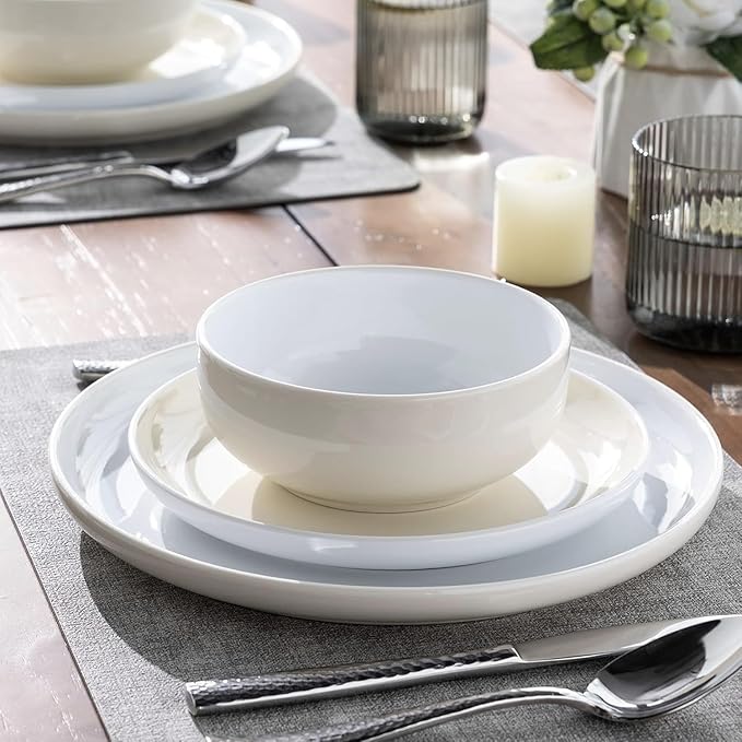 GBHOME 12 Pieces Ceramic Dinnerware Set, Modern White Dish Set for 4，Scratch Resistant Smooth Plates and Bowls Sets，Oven Safe，Microwave & Dishwasher