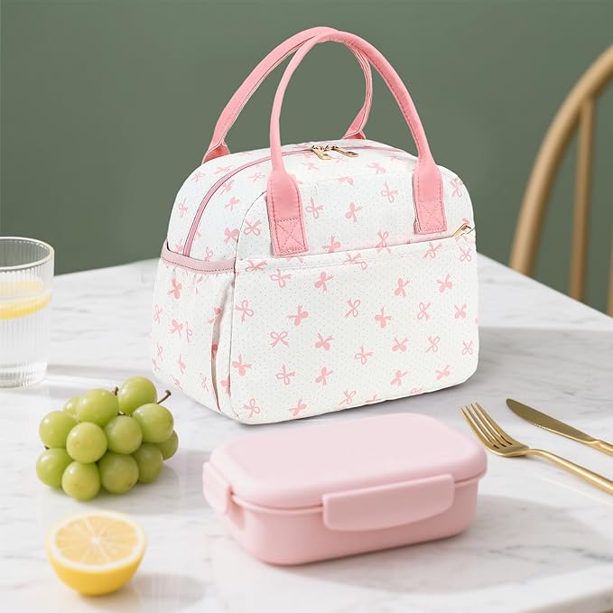 CAMTOP Lunch Box for Women Insulated Lunch Bag Lunchbox Cooler Thermal Leakproof Quilted Reusable Lunch Tote Bag for Work School Travel Picnic (Pink Bow)