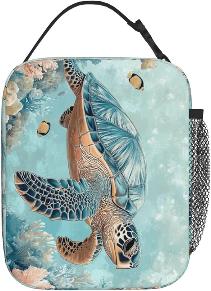 SUPLUCHOM Lunch Bag Turtle Sea Coral Ocean Insulated Bento Box Cooler with Side Pocket for Girl Boy Women Men Work School Picnic Hiking Daytrip