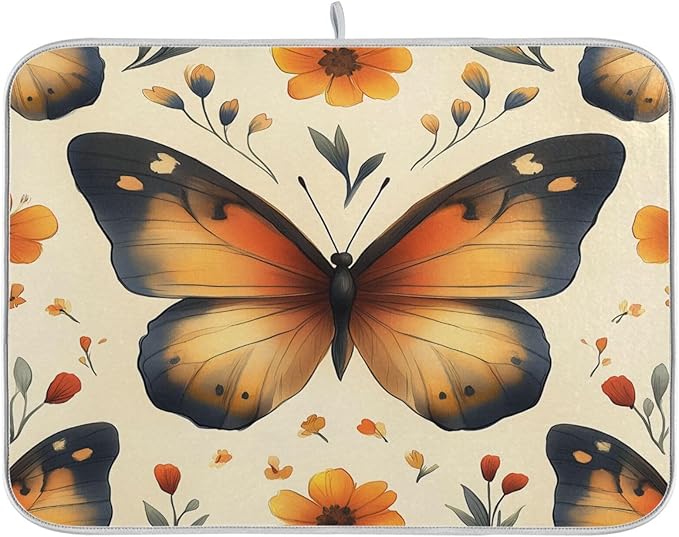Watercolor Butterfly Pattern Dish Drying Mat for Kitchen Counter Super Absorbent Dishes Pad Reversible Microfiber Protector Dish Draining Mats 18x24 inch