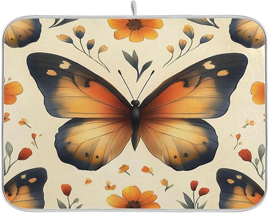 Watercolor Butterfly Pattern Dish Drying Mat for Kitchen Counter Super Absorbent Dishes Pad Reversible Microfiber Protector Dish Draining Mats 18x24 inch