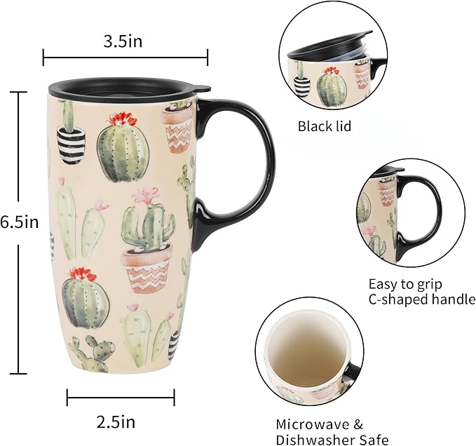 Topadorn Ceramic Mugs Porcelain Latte Tea Cup Coffee Mug with Lid and Handle Coffee Cup,17oz. Cactus