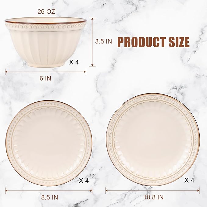 Dinnerware Set Cream White 12 Pieces Service for 4, Stoneware Plates and Bowls Set Stoneware Set, Dishwasher Microwave Safe Dishes set