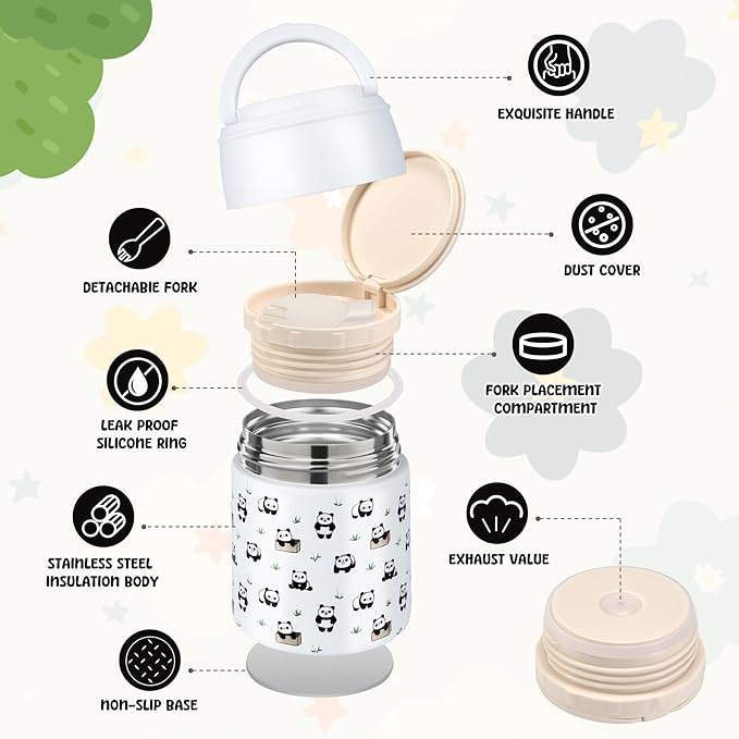10oz Soup Thermo for Hot Food Kids Insulated Food Jar with Spoon Wide Mouth Stainless Steel Lunch Container Leak Proof Vacuum Food Box for School Travel Picnic White Panda