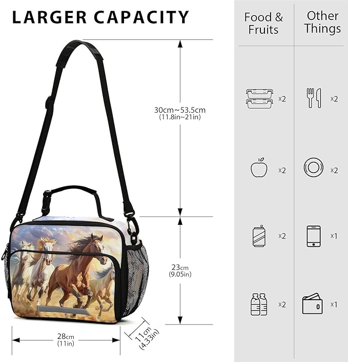 ALAZA Horses Kids Lunch Box Lunchbox Insulated Reusable Meal Container Lunch Bag with Shoulder Strap for School Girls Boys