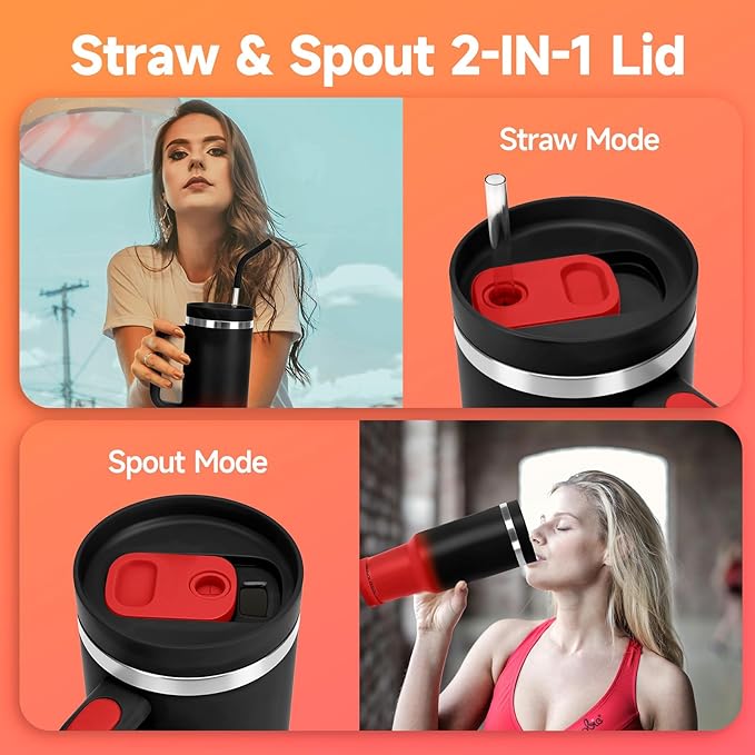 40oz Tumbler with Handle and Straw Spout 2-in-1 Lid, Spill Leak Proof Insulated Travel Cup Traveler Water Mug Keep Cold Hot, Dishwasher Safe Stainless Steel Bottle Gifts for Women Men, Black Red