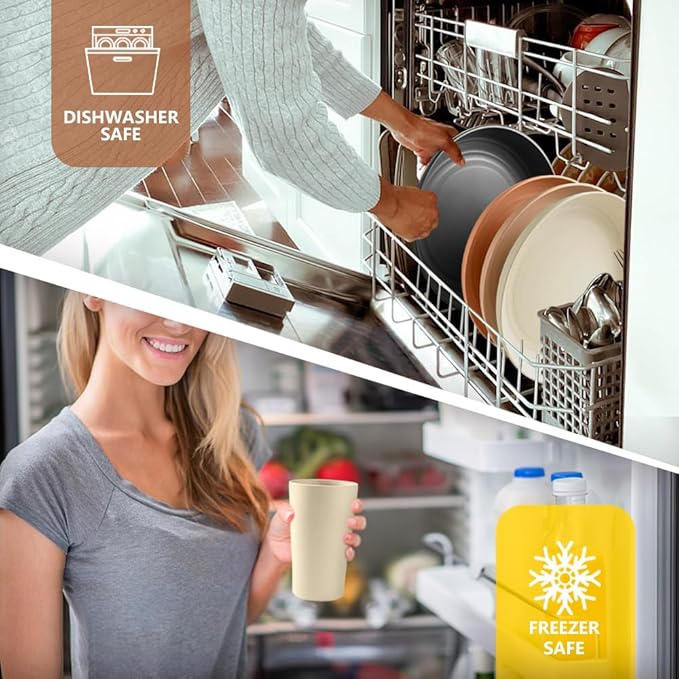 Teivio 32-Piece Kitchen Plastic Wheat Straw Dinnerware Set, Service for 8, Unbreakable Plates, Bowls and Cups Set, Farmhouse Outdoor Camping Dishes for Rustic Life/Country/Vintage, Saddle Ombre