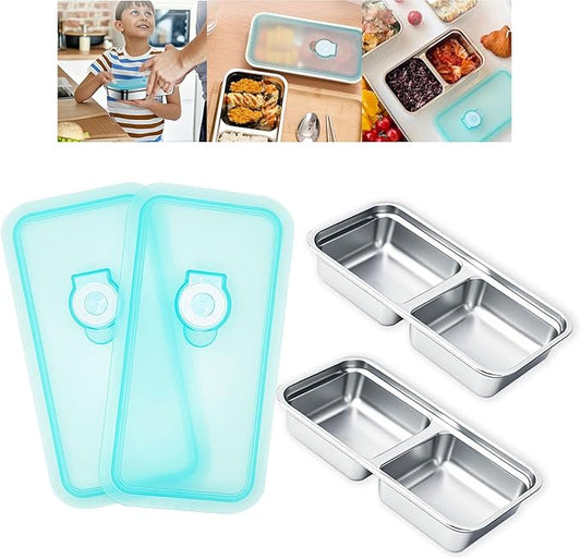 2pcs Grab and Go Snack Containers Stainless Steel, Reusable Snack Condiment Containers with Lids, Double Compartment Food Lunch Meal Container Prep for Travel, Small Packs Container