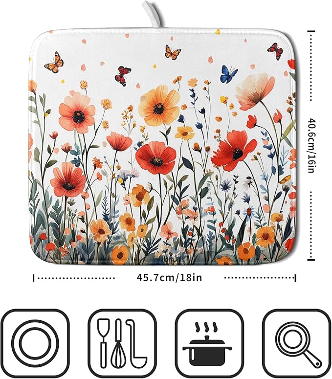Poppy Flower Dish Drying Mat 16x18 Inch Floral Leaves Dish Drainer Protector Pad Washable Reversible Drying Pad for Kitchen Counter Sink