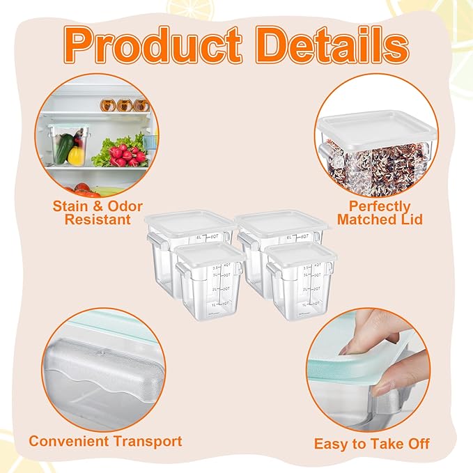 Suclain 8 Pack 4 QT and 6 QT Food Storage Containers with Lids Scales Handles Square Clear Restaurant Food Storage Containers Polycarbonate Commercial Grade for Kitchen Marinating Meat Dough(White)