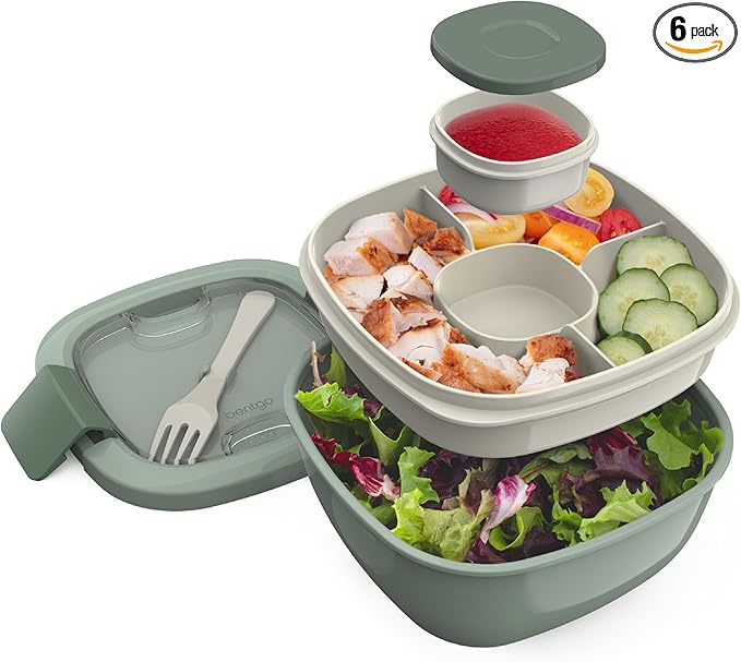 Bentgo Salad Container - 54 oz Bowl with 4-Compartment Toppings Tray, Leak-Proof Dressing Container, Reusable Fork, BPA-Free Lunch Box for Meal Prep & Food Storage; Removable Bento Tray (Khaki Green)