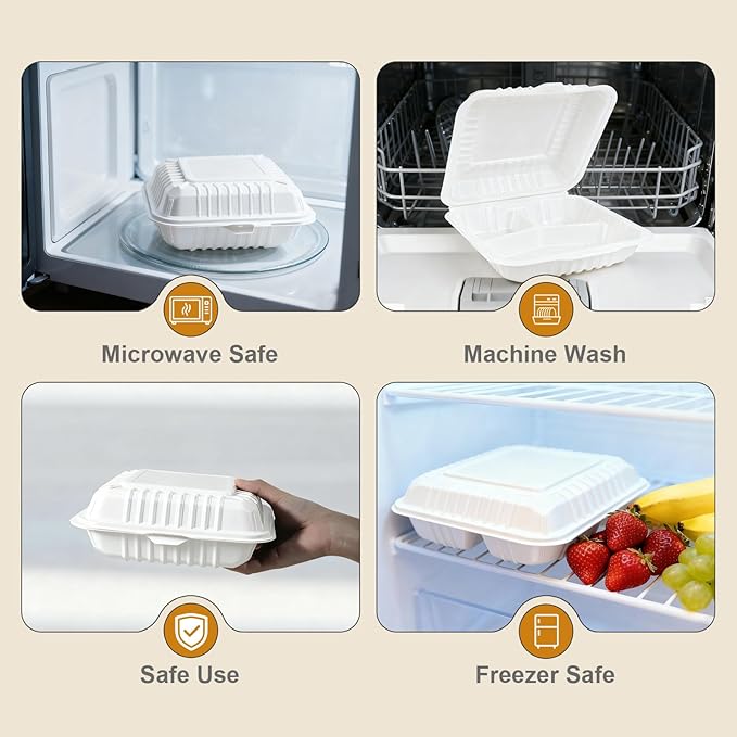 50-Pack 8x8 Inch Clamshell Take Out Food Containers|Lunch Containers with Compartments |Microwavable, Freezer Safe, Soak-Resistant, Durable, Stackable for Pasta Salad Sandwich(White)