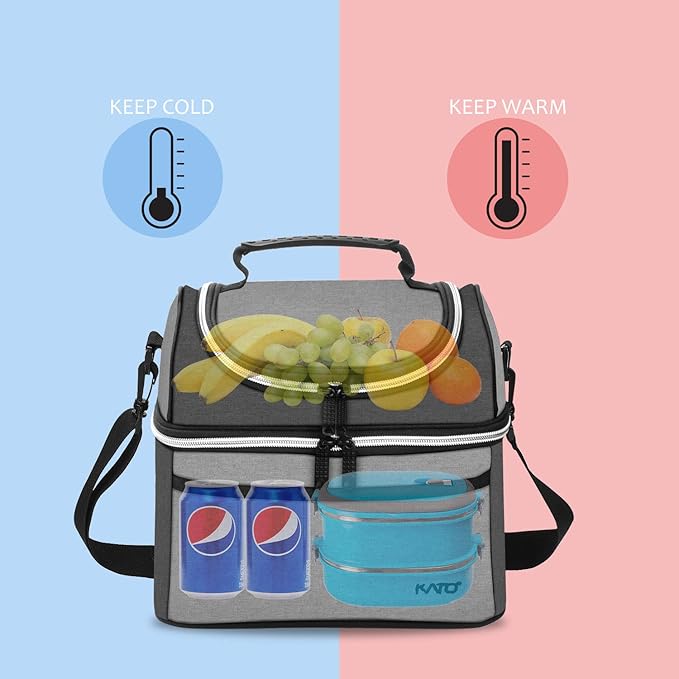 Tirrinia Reusable Lunch Box for Men Women, Insulated Lunch Bag Adult Work, Double Decker Leakproof Lunchbox for Office Picnic Beach—Dual Compartment Lunch Cooler Bag,Gray