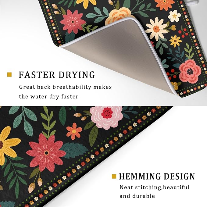 Boho Floral Dish Drying Mat 18x24 Inch Colorful Flower Dishes Dry Mats Absorbent Washable Drainer Rack Pad Protective Kitchen Counter Decor