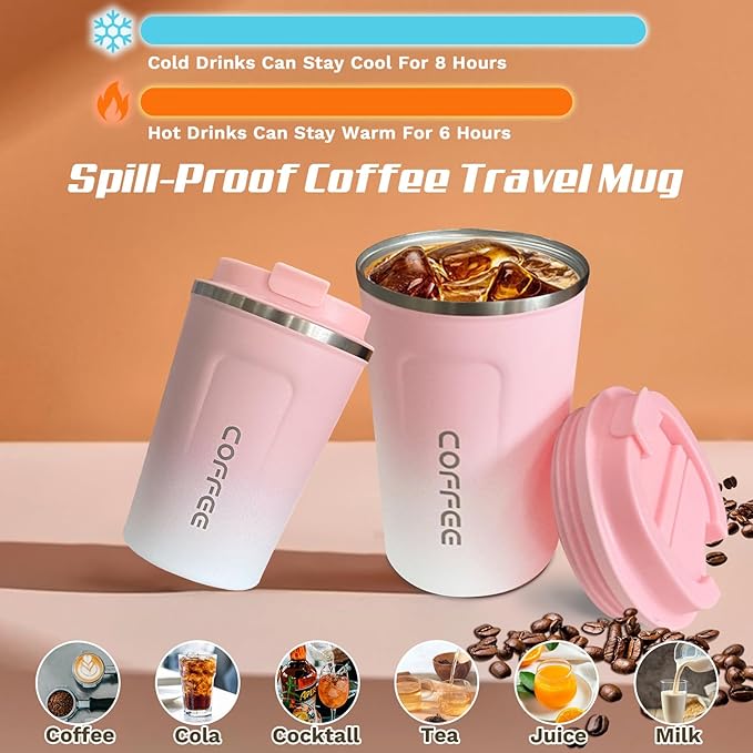 Travel coffee mugs leak-proof, reusable coffee cups with lids, stainless steel vacuum thermos coffee tumblers,thermal insulation cups for men and women hot & cold drinks(2nd-Pink White, 17OZ)