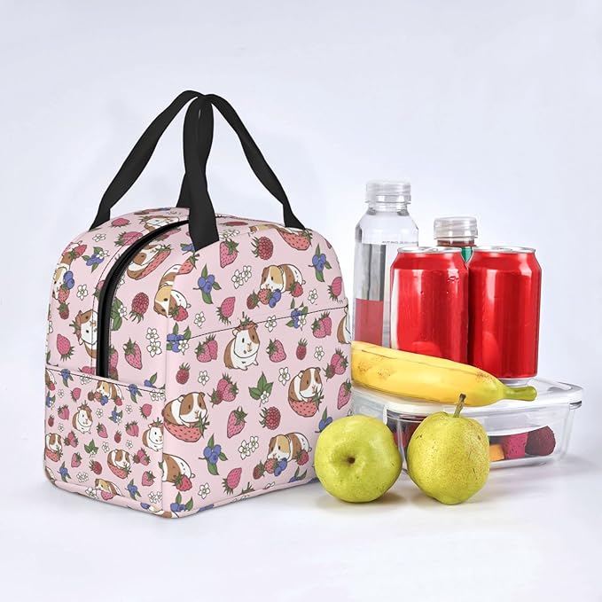 Strawberry Lunch Bag Guinea Pig Insulated Kawaii Lunch Box for Kids Women Men Reusable Pink Lunch Tote for School Office Work Picnic Hiking