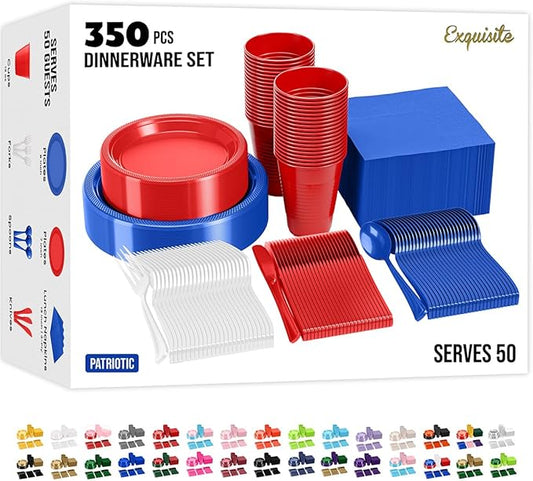 Party Solids 4th Of July Plates And Napkins Sets 350 Pieces Red White & Blue Plates And Napkins 4th Of July Decorations, 50 Of Each 9" Dinner Plate Set, 7" Plate, Cups, Napkins, Cutlery Dinnerware