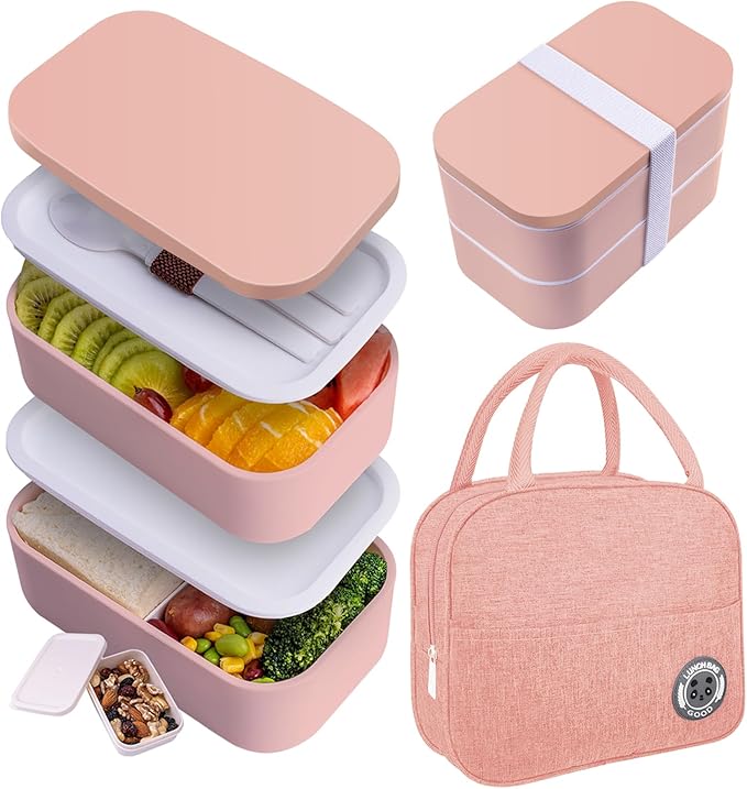 Bento Box with Lunch Bag Microwavable All-in-One Meal Prep Compartment Lunch Containers with Utensils Leak Resistant Lunch Box with Sauce Container 60oz Pink