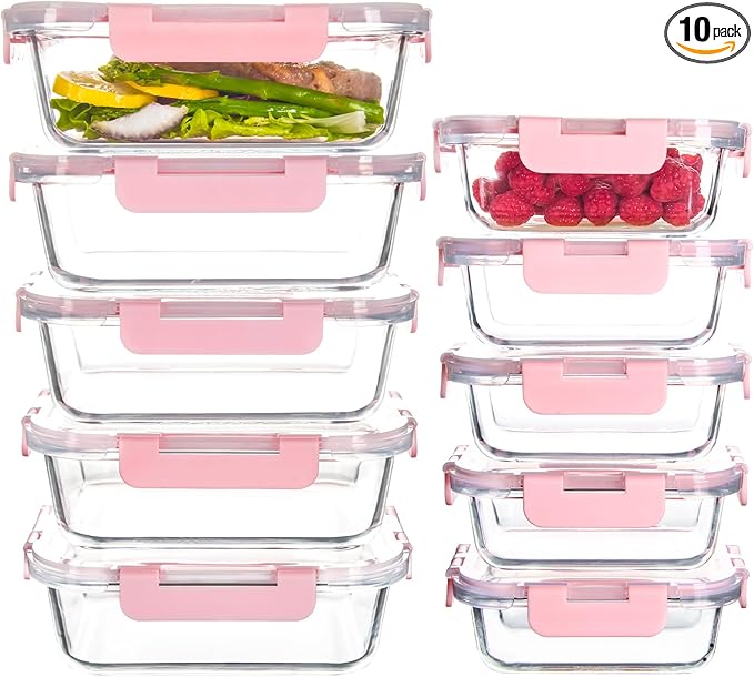 10 Pack Glass Food Storage Containers with Airtight Lids, Ideal for Meal Prep, Lunches - Microwave and Dishwasher Safe, Pink