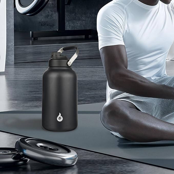 BJPKPK 1 Gallon Water Bottle Insulated, Dishwasher Safe 128oz Large Water Jug with Metal Handle & BPA Free Spout Lid, Stainless Steel Metal Thermo for Gym, Sports & Hiking, Black