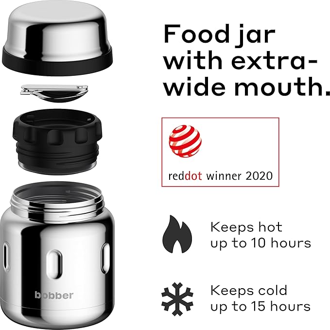 BOBBER 16 oz Insulated Stainless Steel Food Jar with Extra-Wide Mouth, Built-in Folding Spoon – Leak-Proof Thermos for Hot Food – Keeps Lunch Hot for 10 Hours, Cold for 15 Hours (Glossy)