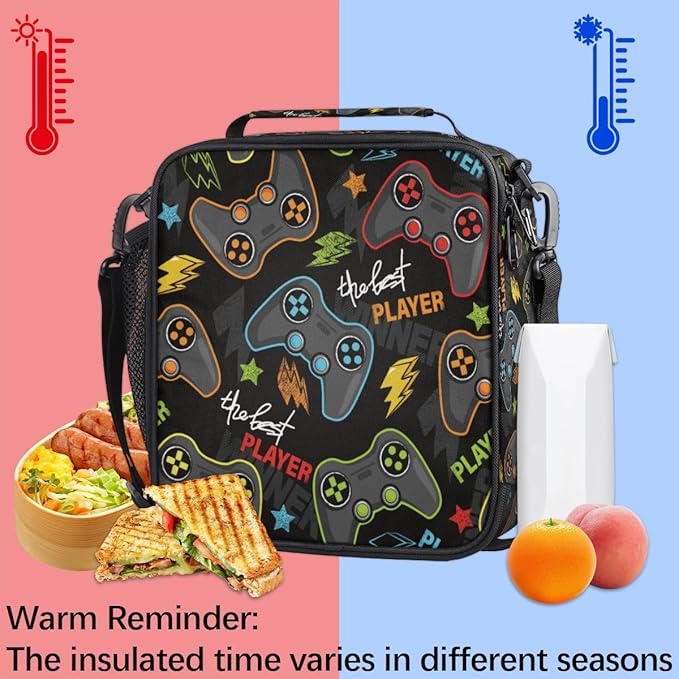 Abstract Joystick Game Lunch Bag Box for Kids Boys Girls Black Insulated Lunch Tote Bag with Adjustable Shoulder Strap Reusable Waterproof Thermal Cooler Bag for School Work Picnic Women Men