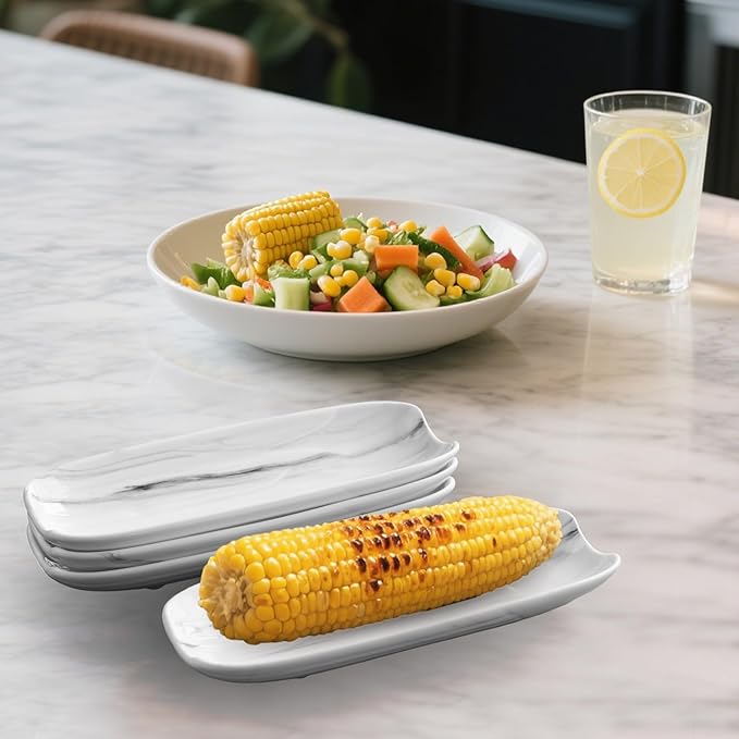 Cinf Ceramic Corn Cob Holders 8.8" Corn Dishes Set of 4 Trays Non-slip Bottom Microwave Dishwasher Oven Safe (Marble Pattern)