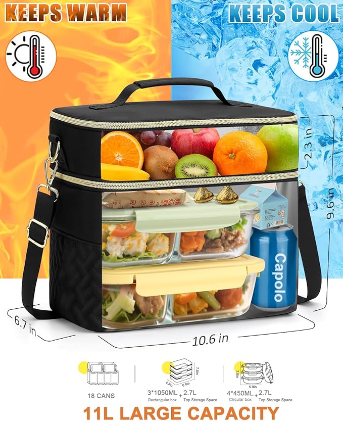 Capolo Lunch Box for Women Men Adults,Double Deck Insulated Lunch Bag Leakproof Lunch Cooler Box with Removable Strap Lunch Tote Bags Reusable Thermal Lunchbox for School Work Picnic(Large,Black)