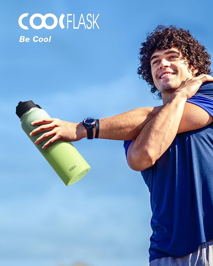 Water Bottle 40 oz Insulated with Straw&Brush, Coolflask Vaccum Stainless Steel Metal 3 Lids Water Flask for Sports, Gym or Office, Keep Cold 48H Hot 24H, Ombre Green