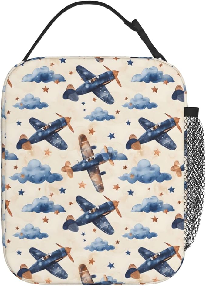 Vintage Airplane Lunch Box for Adults Kids, Insulated Cooler Polyester Lunchbag, Cloud and Star Pattern Handbags for Picnic, School, Office, Travel, Portable Reusable Tote Thermal Bags