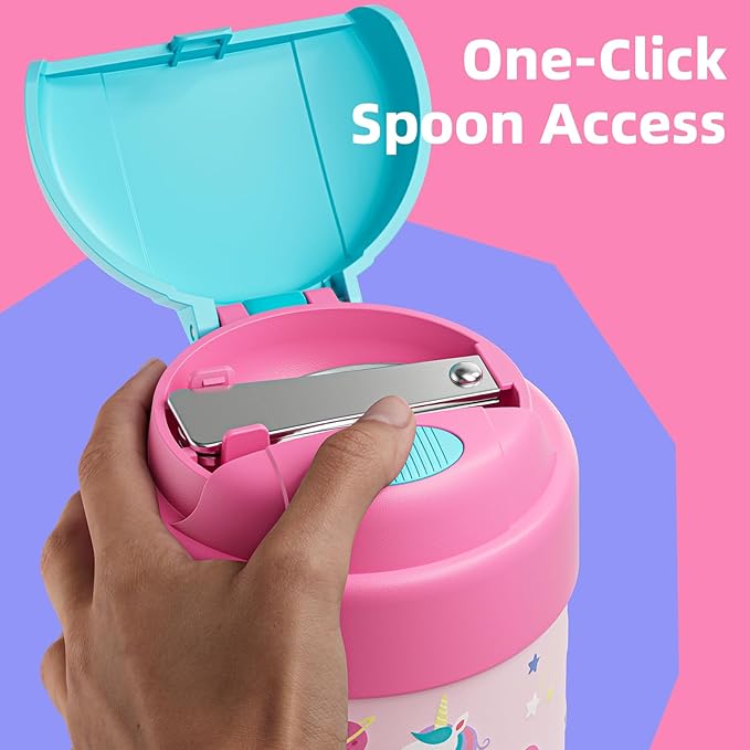 15 oz Soup Thermo for Hot Food Kids Insulated Food Jar with Spoon, Lunch Thermo Container, Width Mouth Vacuum Stainless Steel Food Thermo for School Travel, Leakproof, Easy to Open(Pink)