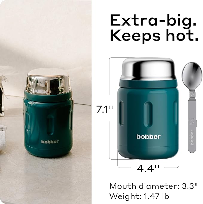 BOBBER 24 oz Wide Mouth Insulated Thermos Food Jar for Soup and Hot Food – Stainless Steel with Built-in Spoon and Bowl – Keeps Hot for 14 Hours, Cold for 20 Hours (Deep Teal)