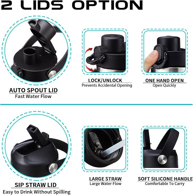 32 oz Insulated Water Bottle - Cold 48H & Hot 24H, Leak-Proof T-shpaed Metal Flask with Carry Strap, Protective Boot, BPA Free Vacuum Hydro 32 Ounce Thermal Cup for Adults Men Women