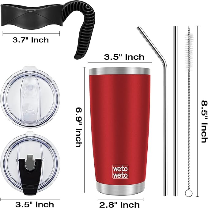 WETOWETO 20oz Tumbler with 2 lids and 2 straws, Stainless Steel Vacuum Insulated Water Coffee Tumbler Cup, Double Wall Powder Coated Leak-proof Travel Mug (Red, 1 Pack)