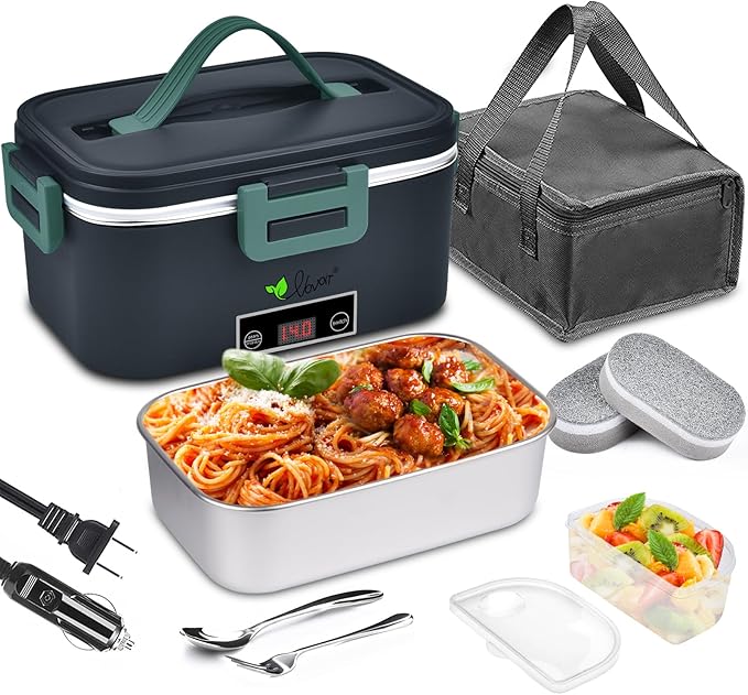 Vovoir 1.8L Large Electric Lunch Box,80W 110V/12V/24V 3 in 1 Portable Food Warmer Lunch Heater for Car Truck Home Work,Heated Lunch Boxes for Adults-Leak Proof