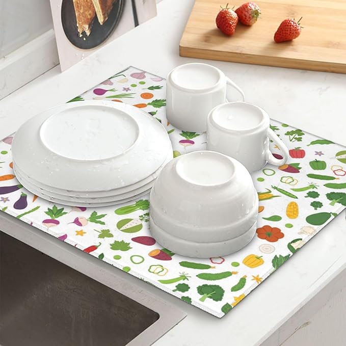 Vegetable Theme Kitchen Dish Drying Mat for Counter, Dish Draining Mat Microfiber Absorbent Reusable Washable Extra Large 18"x24" (vegetable, 18"x24")