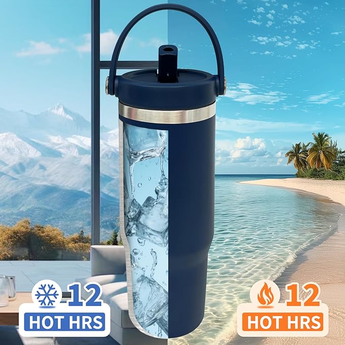 30 oz Tumbler Bulk with Top Handle, Double Wall Vacuum Insulated Tumbler with Flip Straw, Travel Coffee Mug 30oz Powder Coated Cup for Laser Engraving (Navy,8 pack)