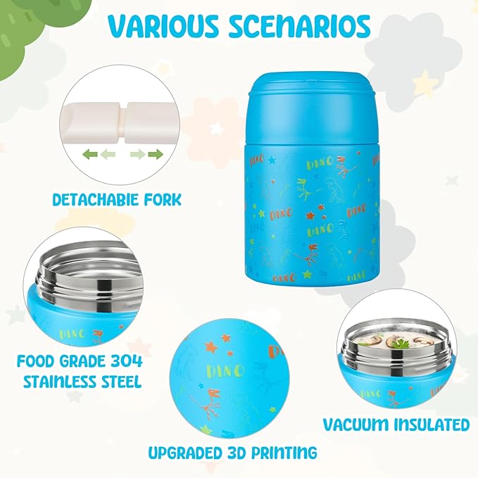 10oz Soup Thermo for Hot Food Kids Insulated Food Jar with Spoon Wide Mouth Stainless Steel Lunch Container Leak Proof Vacuum Food Box for School Travel Picnic Blue Dinosaur